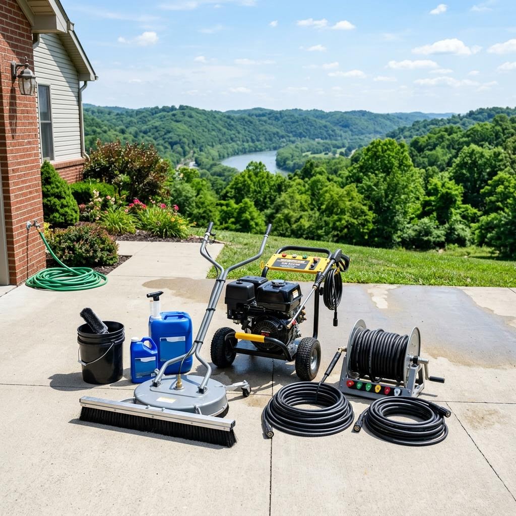 Professional pressure washing equipment on a clean driveway in Parkersburg